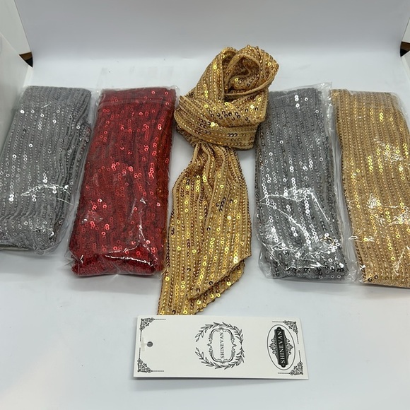 New 5 pieces, HI-party Scarf’s Gold, Silver,Red
2.5 inch.Wide X 51 inch. Long - Picture 5 of 8